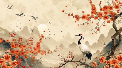 Naklejka premium Chinese and Japanese oriental line art with flowers, leaves, cranes, birds, gold lines. Lovely blossom flowers illustration design for wall art or wallpaper.
