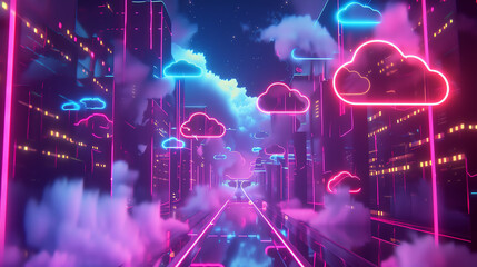 A digital landscape showcasing a 3D-rendered cloud server, with data flowing through neon-lit pathways, creating an immersive view of modern data management systems.