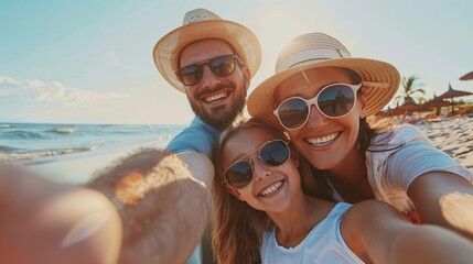 A happy family of four enjoys a sunny beach day, taking a close-up selfie with palm trees in the background and radiant smiles.