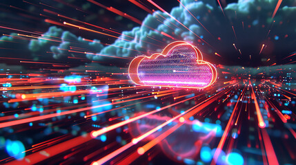 A digital representation of a cloud server environment in 3D, with vibrant data streams and holographic elements, providing a visual metaphor for advanced network solutions.