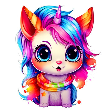 Cute Unicorn catoon design on clean background. Fashion Art. Animals. Illustration, Generative AI.