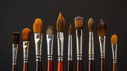 Paint brushes in a row solid background. copy space for text.