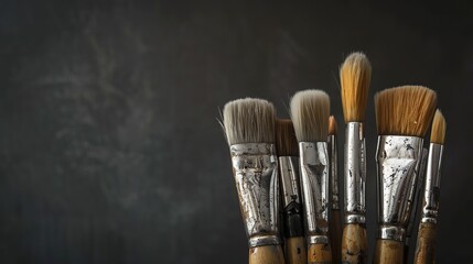 Paint brushes in a row solid background. copy space for text.