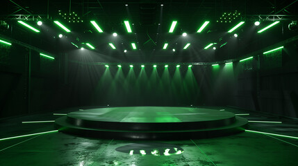 A green room with neon lights and a green staircase. The room is empty and has a futuristic feel to it