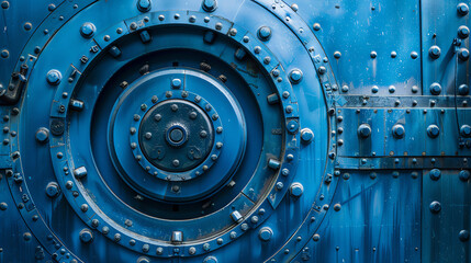 A modern bank vault door painted in electric blue, featuring an intricate circular design inspired by a luxury car part, symbolizing robust security with a stylish touch.