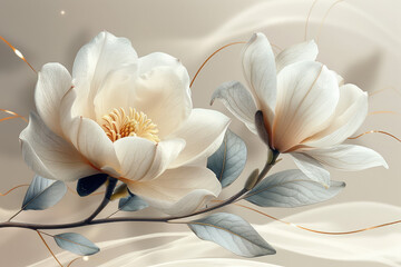 3D Elegant white magnolia flowers with golden leaves and branches. Created with Ai