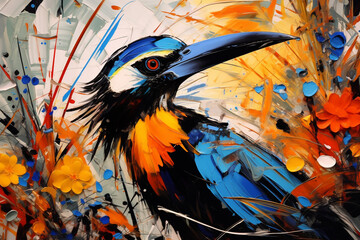 A dynamic, colorful painting of a bird with abstract floral elements