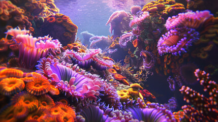 Naklejka na ściany i meble High-resolution depiction of coral polyps and symbiotic algae interaction underwater