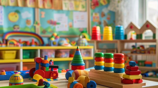  vibrant classroom filled with colorful educational toys and supplies, where children of diverse ages are engaged in playful learning activities.  