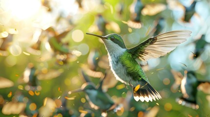A hummingbird is flying through a group of other birds