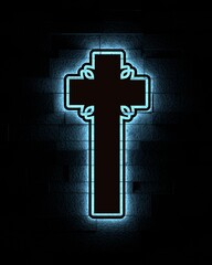 Neon shine christian cross on brick wall. Religion concept illustration. 3D render