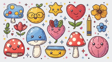 Set of groovy modern elements on gradient background. Set of 70s style cute characters, glasses, smile face, mushroom, pencil, arrow, bomb, flower, heart. Design for stickers, prints, decorative.
