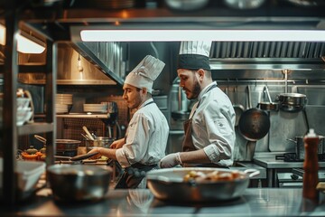 Two chefs, wearing white chef coats and toques, are working by cooking food, chopping vegetables, and stirring a pot in a commercial kitchen.