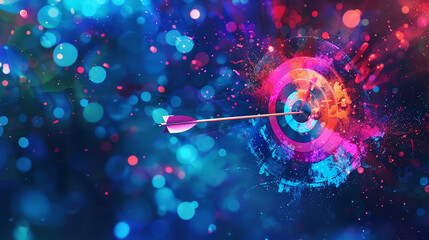 Artistic depiction of an arrow hitting a bullseye, with abstract elements and bursts of light around the target, emphasizing breakthroughs in marketing performance. - obrazy, fototapety, plakaty