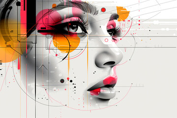 A woman's face is drawn in a very abstract style with a lot of red and orange