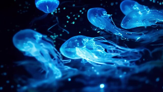 An otherworldly image of bioluminescent plankton emitting a soft glow in the darkness of the ocean. . AI generation.
