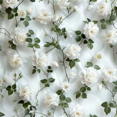 A white flower pattern with green leaves. The flowers are arranged in a way that they look like they are growing out of the white background