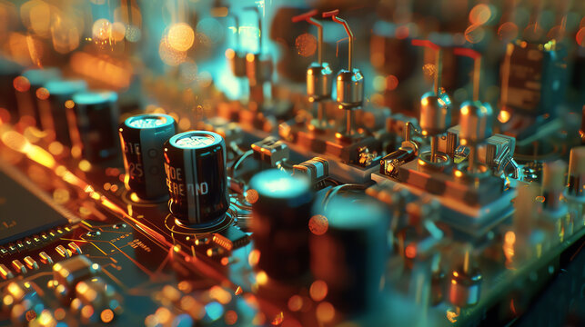 Macro shot of a transistor within a circuit, showing its metallic contacts and semiconductor materials, crucial for amplifying and switching electronic signals.