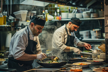 Two chefs, wearing white chef coats and toques, are working by cooking food, chopping vegetables, and stirring a pot in a commercial kitchen.
