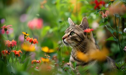 Close-up photo of a cat nestled against an out-of-focus background of lush green grass and colorful flowers, Generative AI