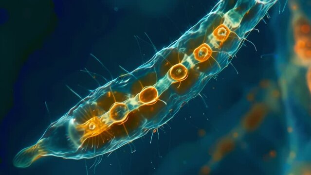 A magnified image of a euglenoid cell highlighting its flagellum that enables it to swim and gather nutrients from its surroundings. . AI generation.