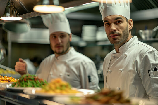 Two chefs, wearing white chef coats and toques, are working by cooking food, chopping vegetables, and stirring a pot in a commercial kitchen.