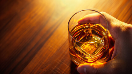 A close-up of a hand gently swirling a glass of amber whisky, highlighting the smooth texture and rich color against a warm, wood-paneled background.
