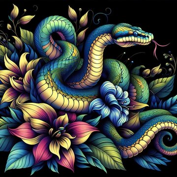 Floral artistic image of black background blue yellow magenta green anaconda snake with her baby