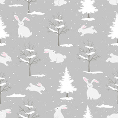 Seamless pattern with cute white rabbits,trees and snow on grey background for decorative,fabric,textile,print or wrapping paper - obrazy, fototapety, plakaty