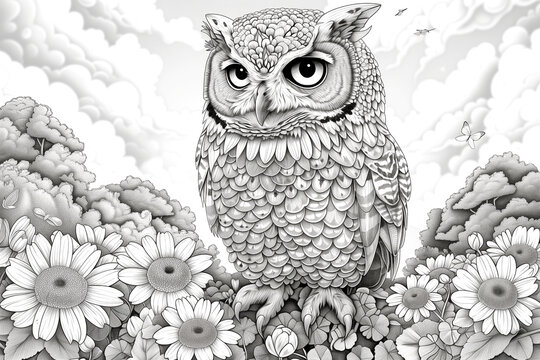 A drawing of an owl sitting in a field of flowers