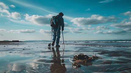 Man using a metal detector on the beach He hoped to find something valuable.