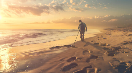 Man using a metal detector on the beach He hoped to find something valuable.