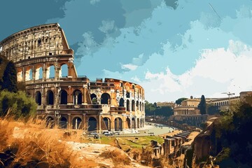 Beautiful Rome skyline depicting the Colosseum and ancient ruins, AI-generated - obrazy, fototapety, plakaty