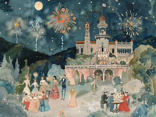 A whimsical watercolor scene of a 1900s fashion soiree lit by fireworks, guests sharing mirth and Saltimbocca, blending historical elegance