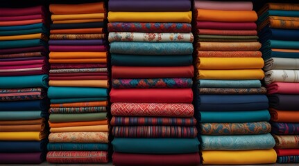 A colorful display of stacked handmade textiles featuring ethnic patterns and intricate designs.generative.ai