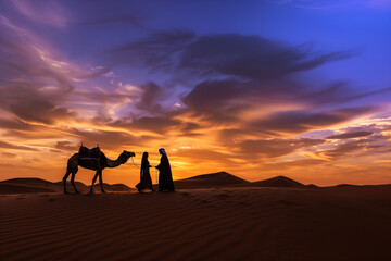 Fototapeta na wymiar Silhouette of camel and man in arabian dress with woman against sunset sky background, beautiful desert landscape