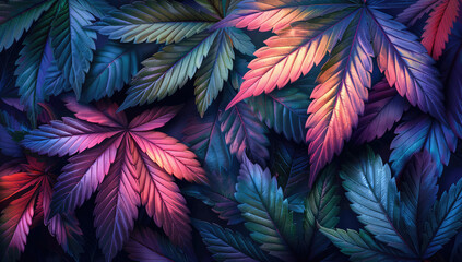 A vibrant display of cannabis leaves in various colors, including deep blues and purples. Created with Ai