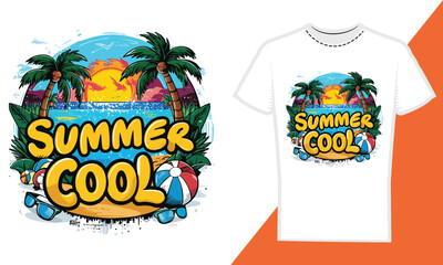 Summer Cool High-quality Tshirt design, Summer vacation scene modern style, palm tree, sea beach, decoration summer background.