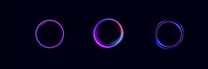 Neon swirl. Curve blue line light effect. Abstract ring background with glowing swirling background. Energy flow tunnel. Blue portal, platform. Magic circle vector.