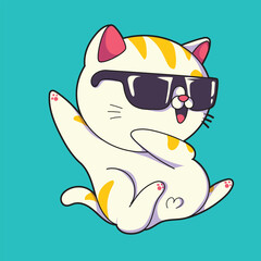 cute cat dancing with his hands up and wearing sunglasses