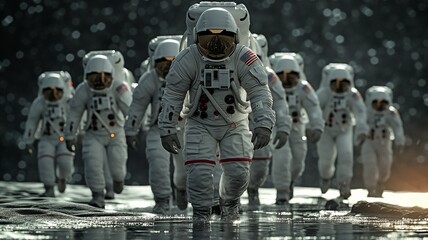 astronaut team shown atmospherically in a scene reminiscent of a space opera on the moon in film