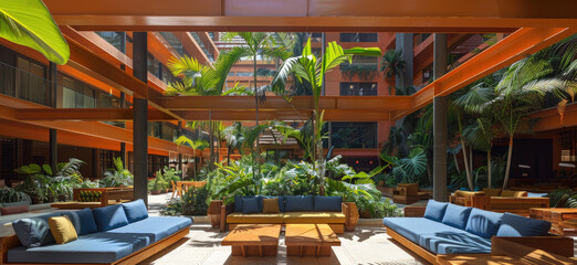 A luxury hotel's outdoor lounge area with wooden furniture and blue and orange accents, surrounded by lush greenery.