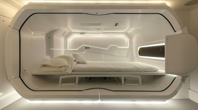 Elegant cold sleep pod aboard a spacecraft, with a stark white background to contrast the hightech design, noisefree