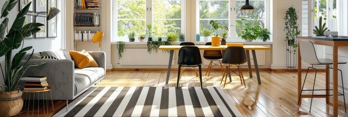 Scandinavian style living room with modern furniture and decor, featuring wooden flooring, windows, dining table, sofa, chairs, bookshelves, coffee tables, plants, striped rug