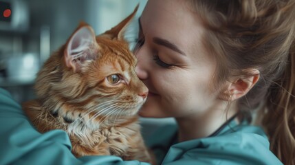 An intimate portrait capturing a quiet moment of affection as a woman kisses her orange tabby cat, symbolizing the special human-pet bond.
