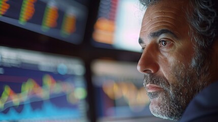 A mature financial analyst with a serious expression studies market trends on multiple trading screens in a busy trading room.