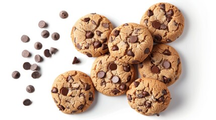 Fototapeta na wymiar Culinary image showcasing top view of chocolate chip cookies made with whole wheat, dark chocolate chips for antioxidants, on an isolated background