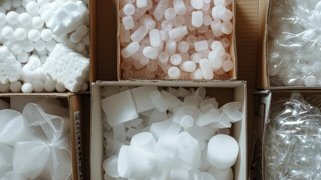  visually appealing image of various packing peanuts, bubble wrap, and air pillows filling a box, showcasing their protective and space-saving qualities. 