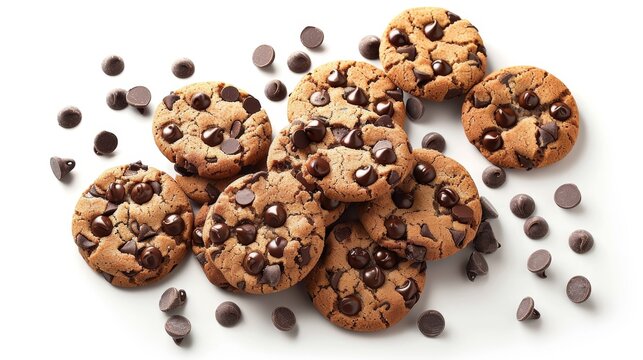 Culinary image showcasing top view of chocolate chip cookies made with whole wheat, dark chocolate chips for antioxidants, on an isolated background