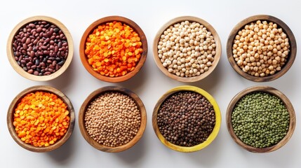 Culinary advertisement of high-fiber legumes, lentils, chickpeas, and beans, beautifully arranged, promoting health benefits, isolated backdrop